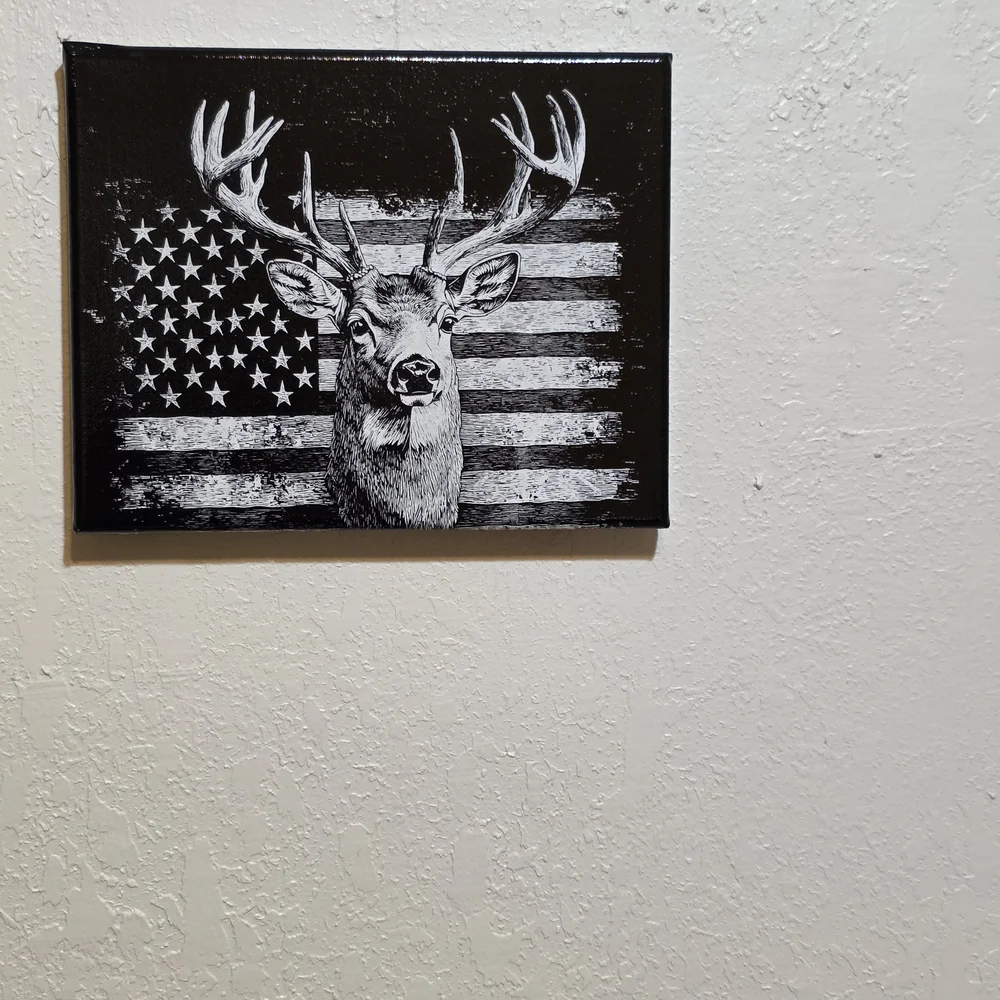 Black and White Deer And Flag Canvas Wall Art - Laser Etched - NEW